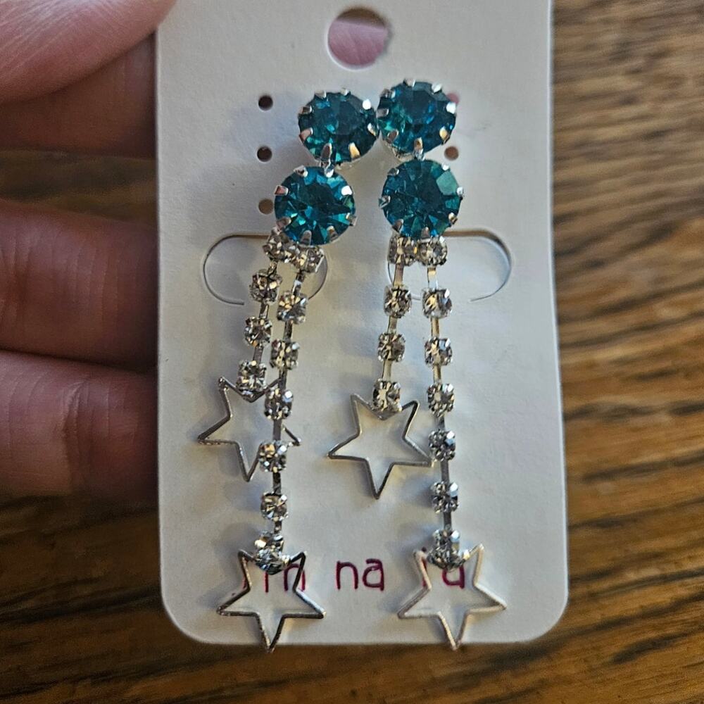 Jin Na La Asian Fashion Blue Rhinestone Silver-Tone Star Dangle Clip-On Earrings
